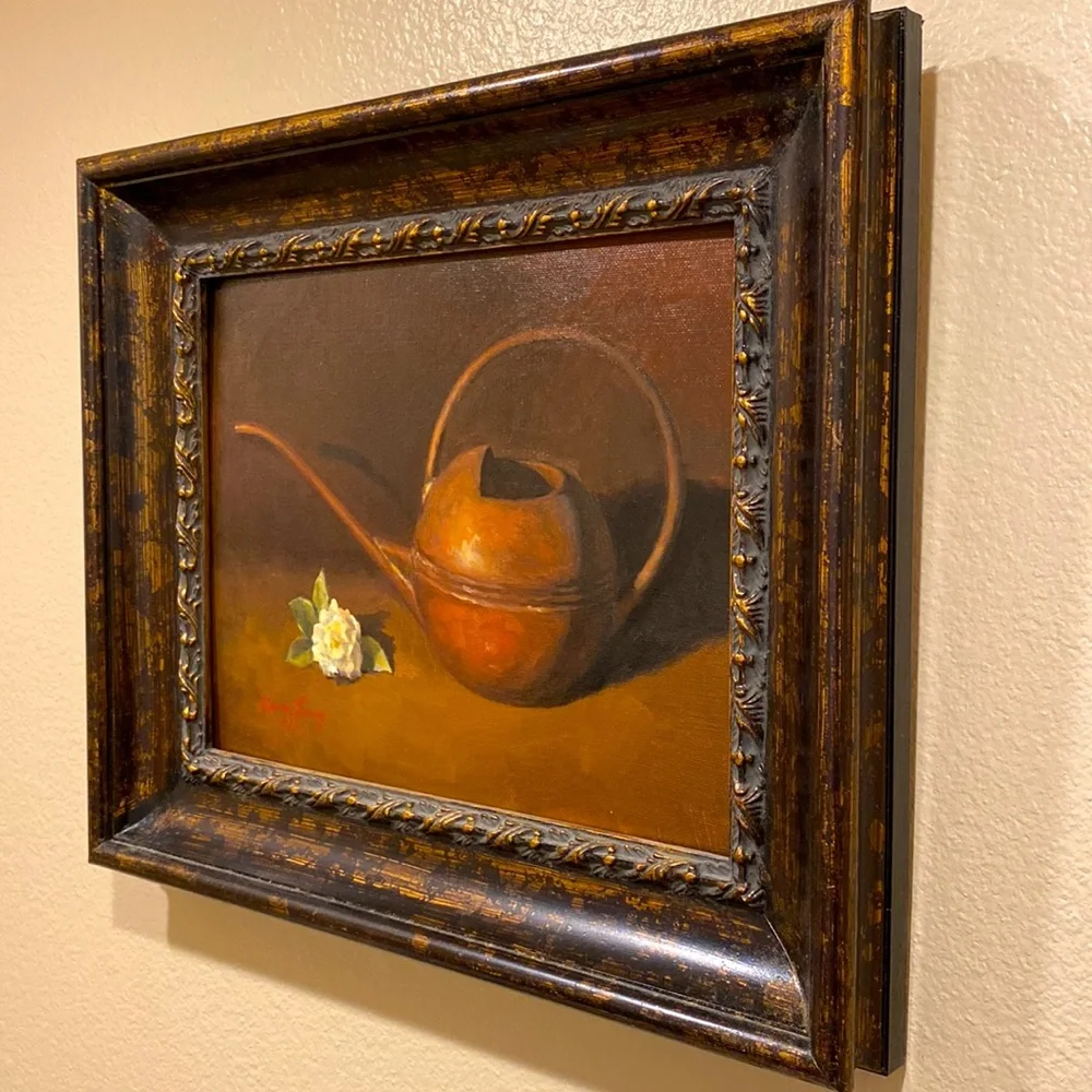 Original Oil Painting of An Antique Watering Can & White Flower w/Frame 11 x 14" - Picture 3 of 5